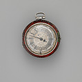 Pair-case watch, Watchmaker: Thomas Tompion (British, 1639–1713), Outer case: red tortoiseshell with silver inlay; Inner case and champlevé dial: silver, British, London