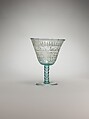 Goblet with Incised Designs, Glass, bluish green; blown, applied solid stem and blown foot, scratch-engraved