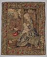 The Holy Family, Wool, silk, and gilt- and silvered-metal-strip-wrapped silk in slit, dovetailed, and interlocking tapestry weave with supplementary brocading wefts (in sewing basket, Joseph's coat, and hem of Mary's cloak), Flemish, Southern Netherlands