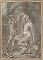Venus and Amor, Bartholomeus Spranger (Netherlandish, Antwerp 1546–1611 Prague), Pen and brown ink, light and dark brown and gray wash, heightened with white (partially oxidized); traced for transfer.